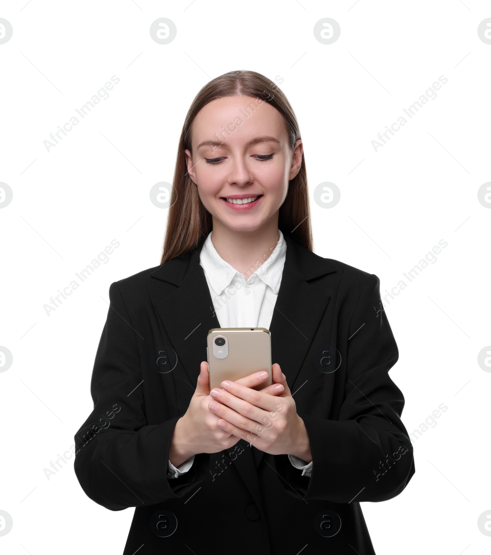 Photo of Happy woman sending message via smartphone isolated on white