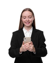 Happy woman sending message via smartphone isolated on white