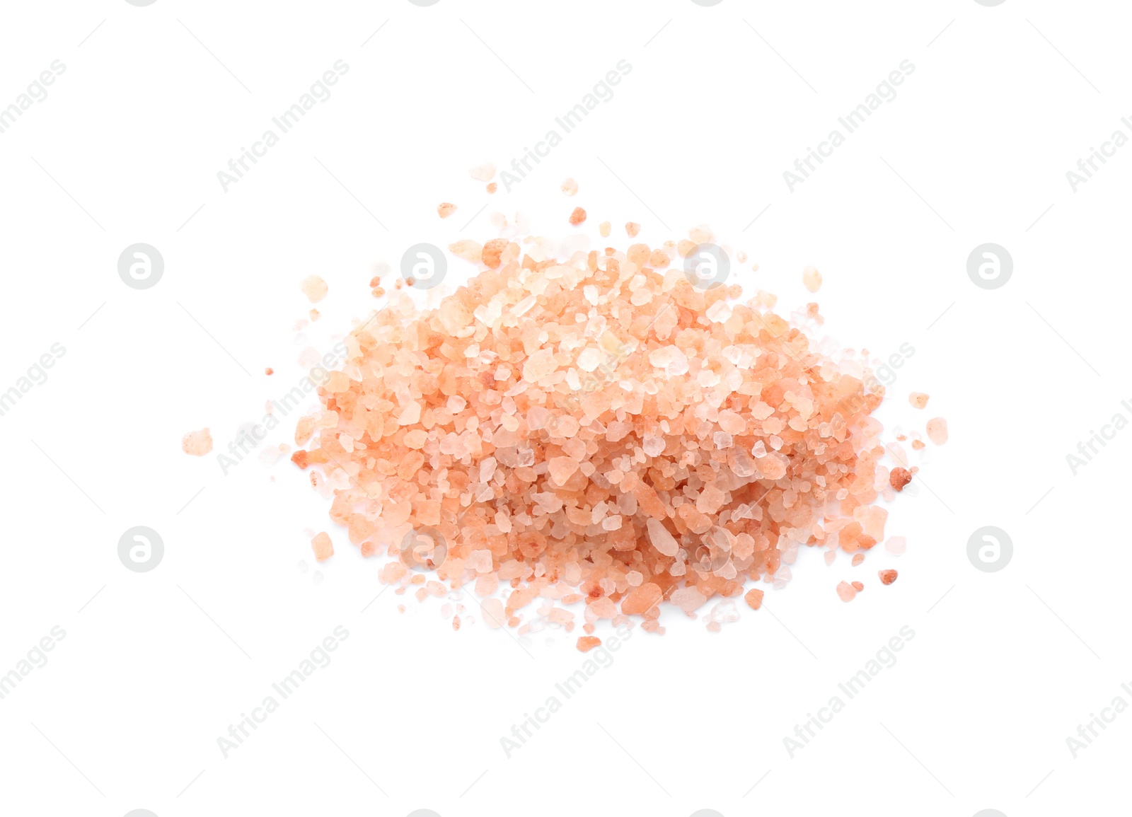 Photo of Pile of pink himalayan salt isolated on white, top view