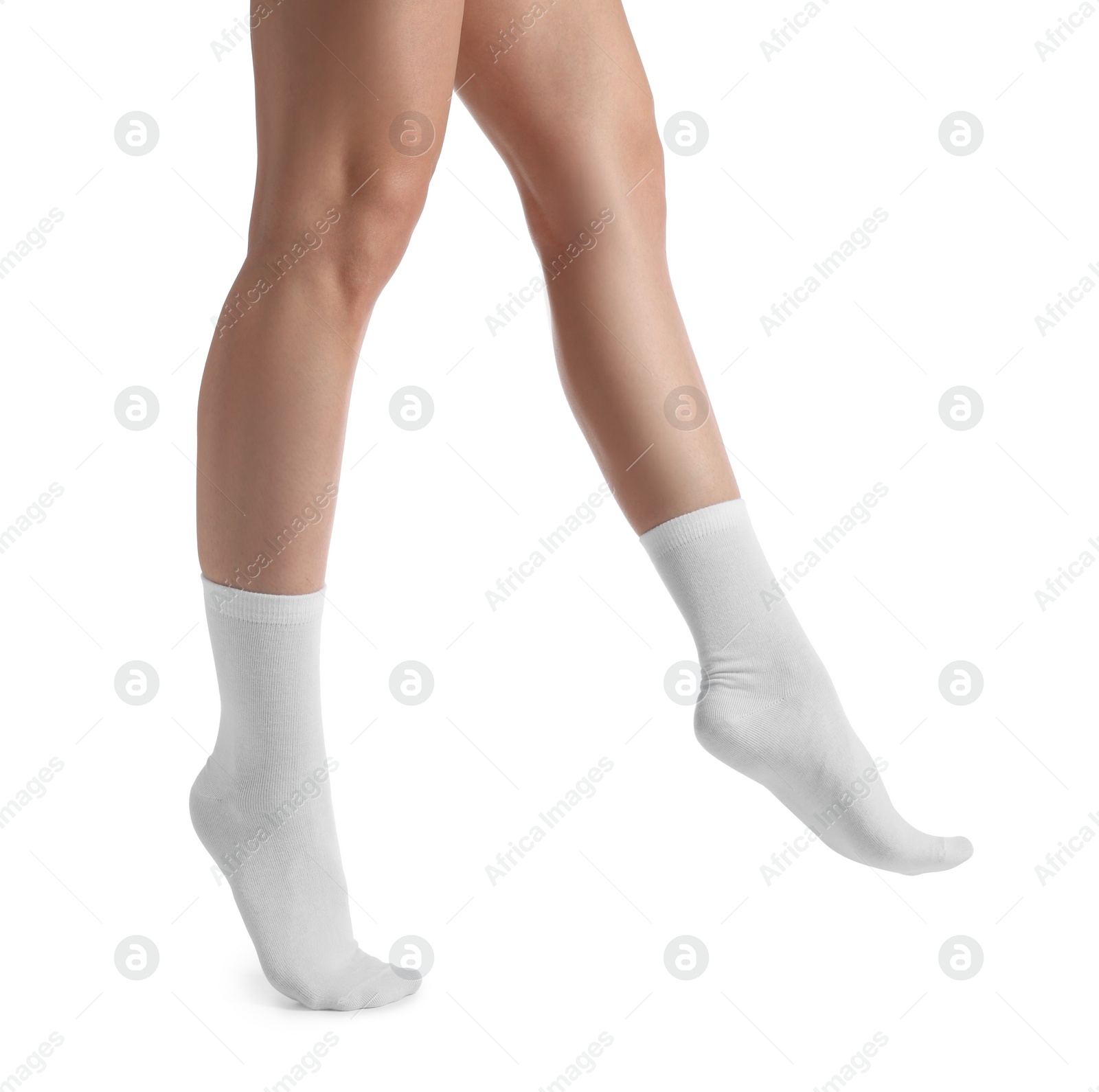 Photo of Woman in stylish socks on white background, closeup