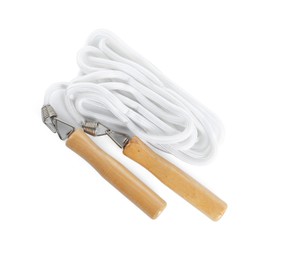 Skipping rope on white background, top view. Sports equipment