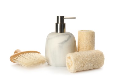 Photo of Set of toiletries with natural loofah sponges on white background