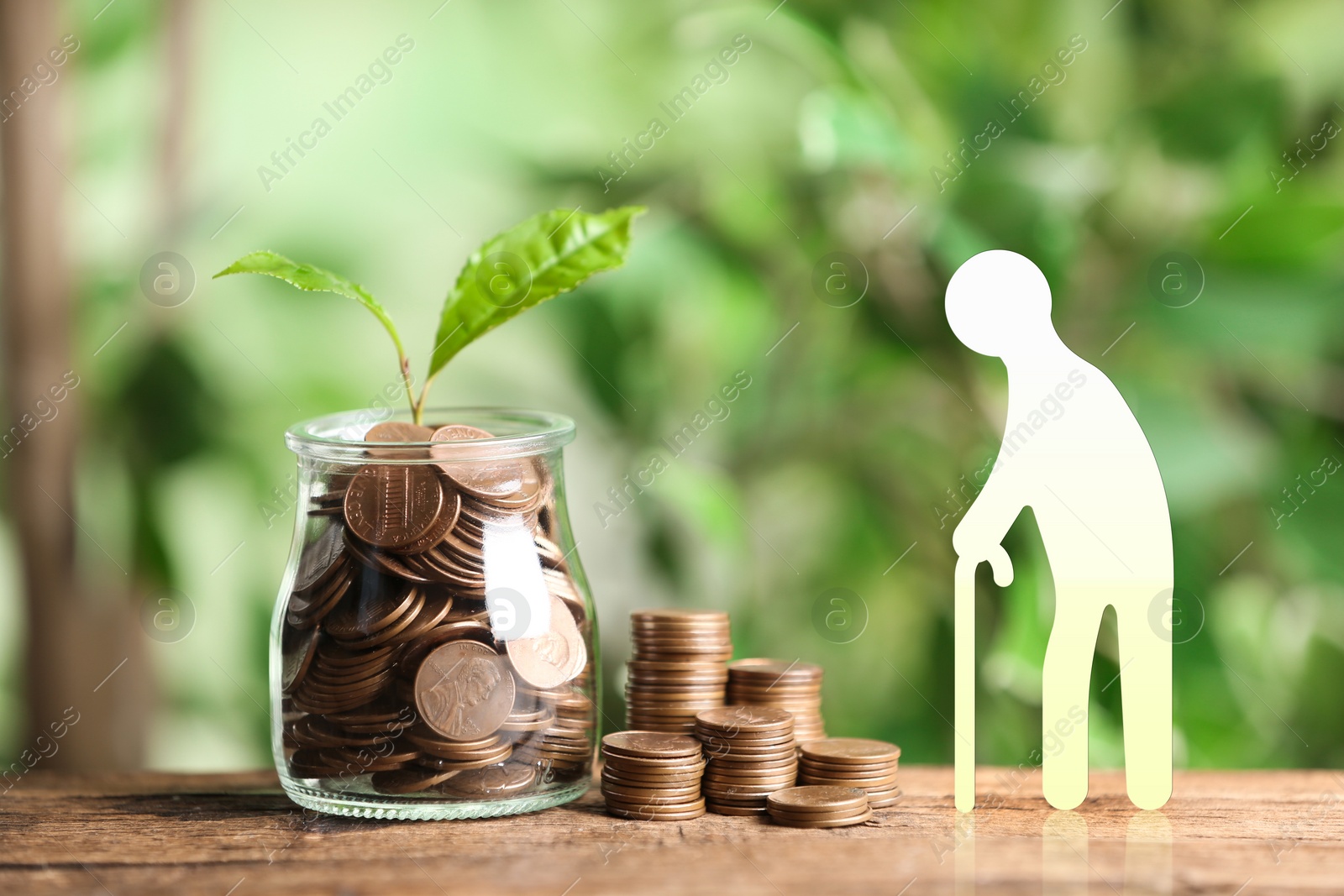 Image of Pension concept. Elderly man illustration, coins and sprout on wooden table