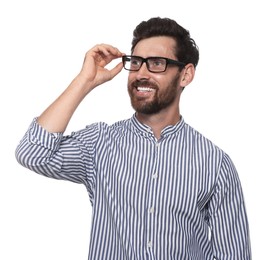 Portrait of happy bearded man with glasses on white background