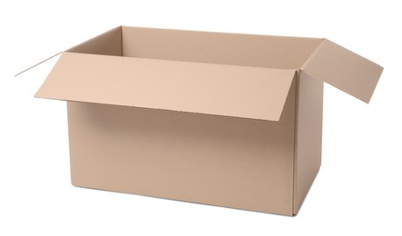 Photo of One open cardboard box isolated on white