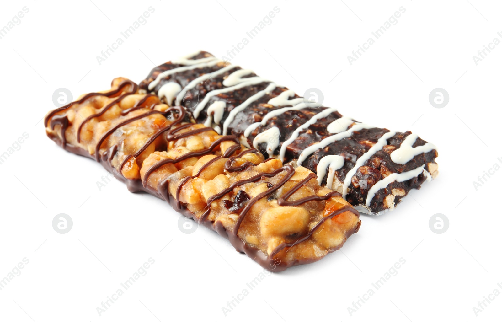 Photo of Different grain cereal bars on white background. Healthy snack