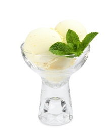 Photo of Delicious ice cream with mint in glass dessert bowl on white background