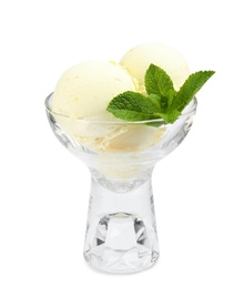 Delicious ice cream with mint in glass dessert bowl on white background