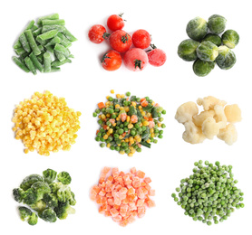 Image of Set of different frozen vegetables on white background, top view