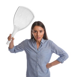 Young woman with electric fly swatter on white background. Insect killer
