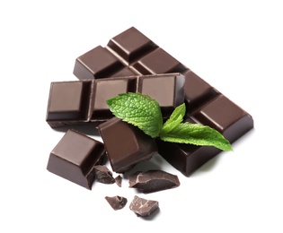 Pieces of dark chocolate with mint on white background