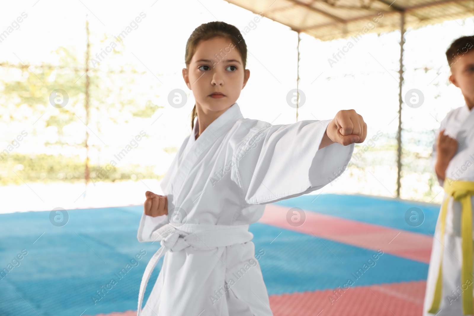 Photo of Girl in kimono practicing karate on tatami outdoors