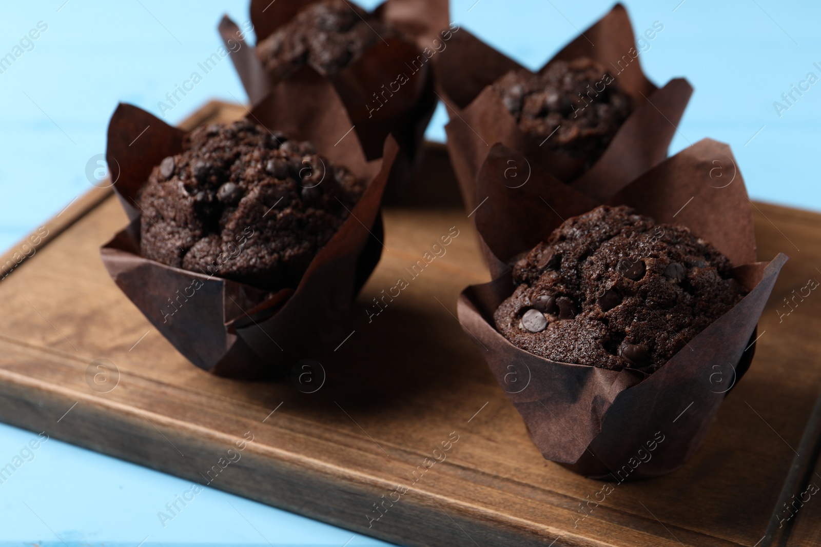 Photo of Tasty chocolate muffins on light blue table, closeup