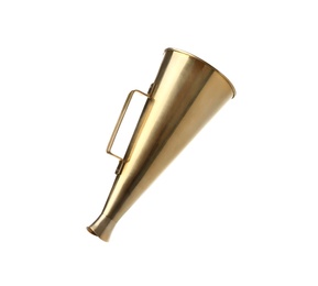 Photo of Retro golden metal megaphone on white background