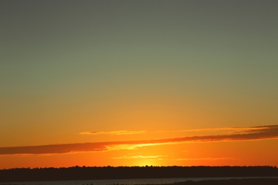 Photo of Picturesque view of beautiful sunrise on riverside. Morning sky