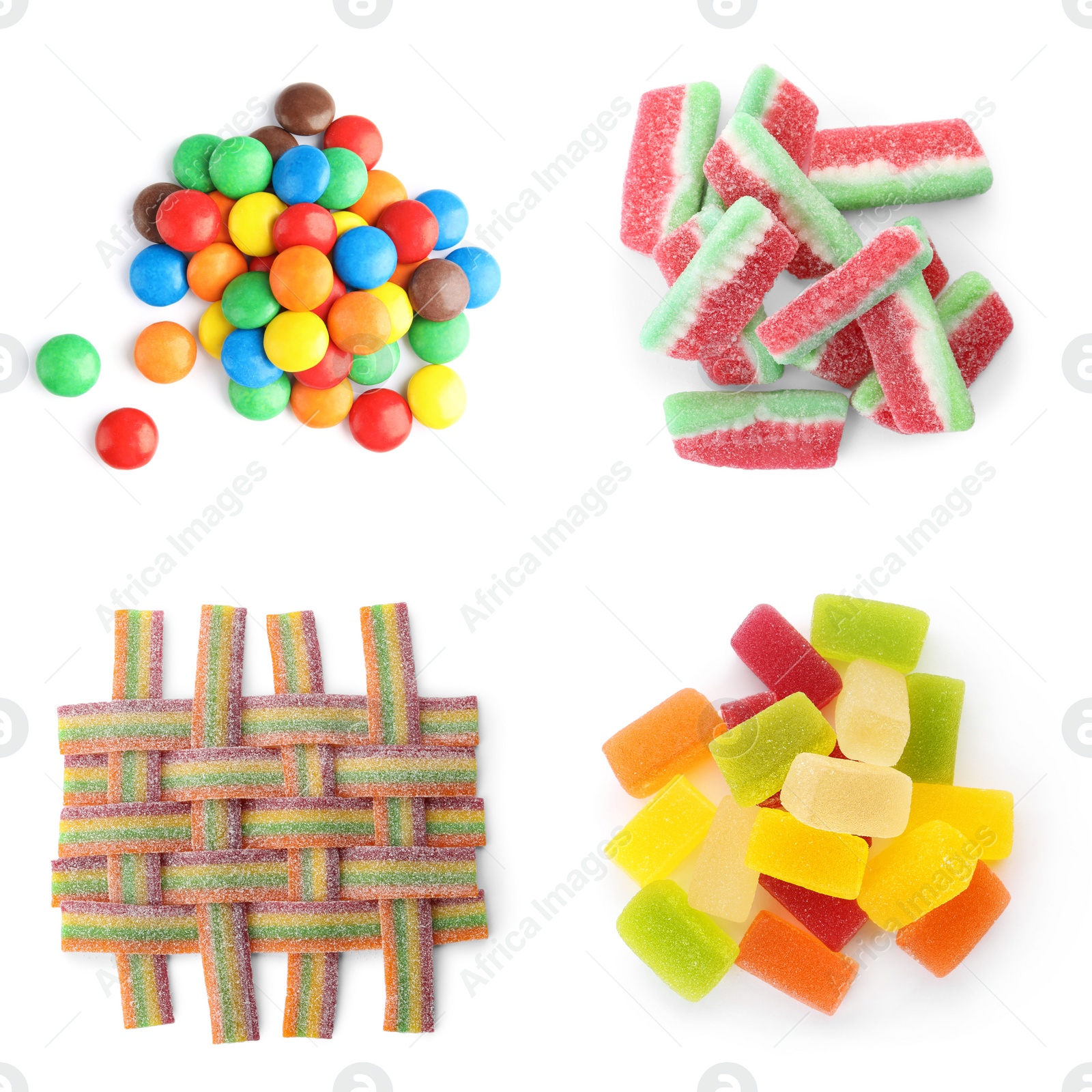 Image of Set of delicious candies on white background, top view