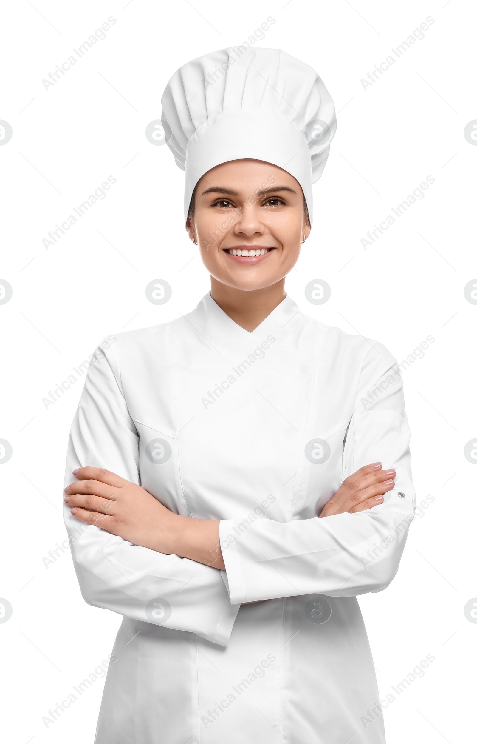 Photo of Happy female chef wearing uniform and cap on white background