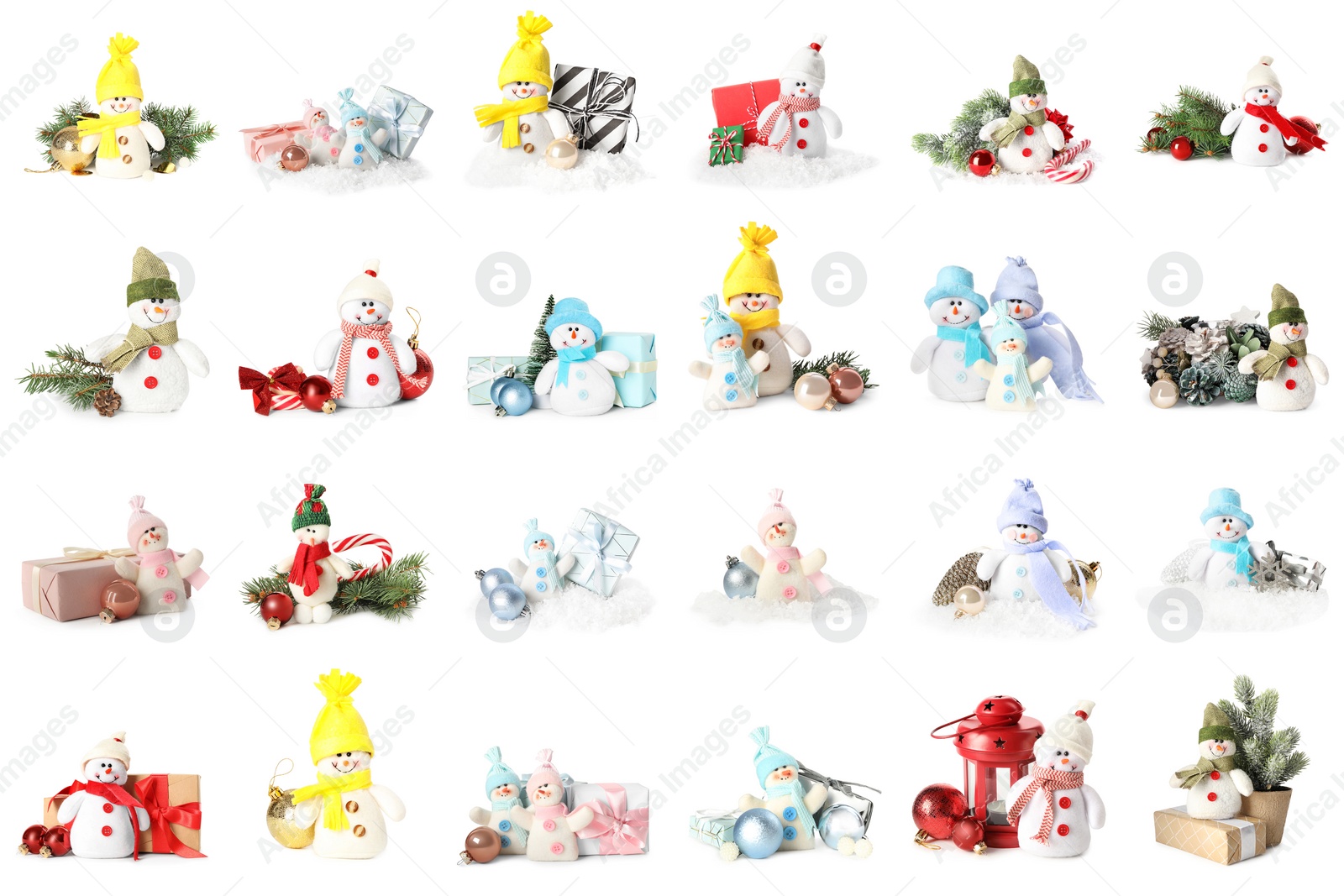 Image of Set with cute small snowman toys on white background 