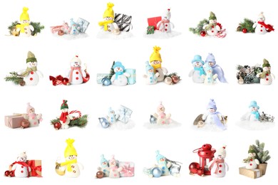 Image of Set with cute small snowman toys on white background 