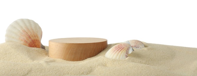 Photo of Presentation of product. Wooden podium on sand and seashells against white background