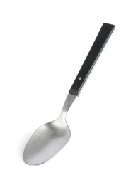 Photo of Clean tablespoon with plastic handle on white background