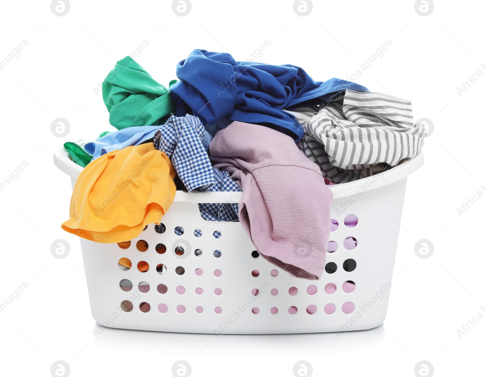 Photo of Laundry basket with dirty clothes on white background