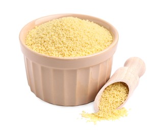 Photo of Bowl and scoop with raw couscous on white background