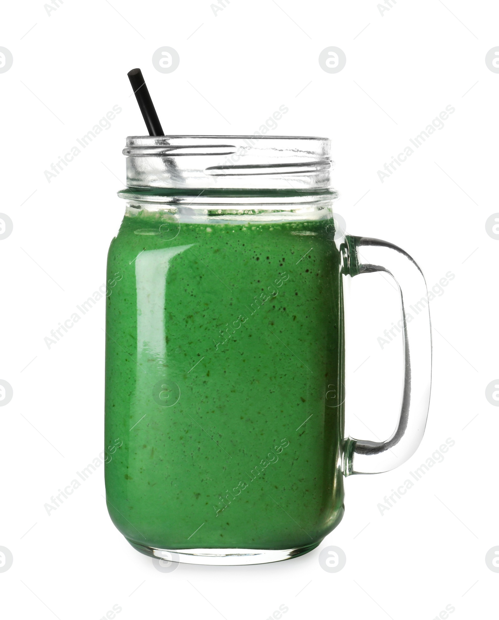 Photo of Mason jar with spirulina smoothie on white background