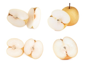 Image of Set with fresh ripe apple pears on white background 