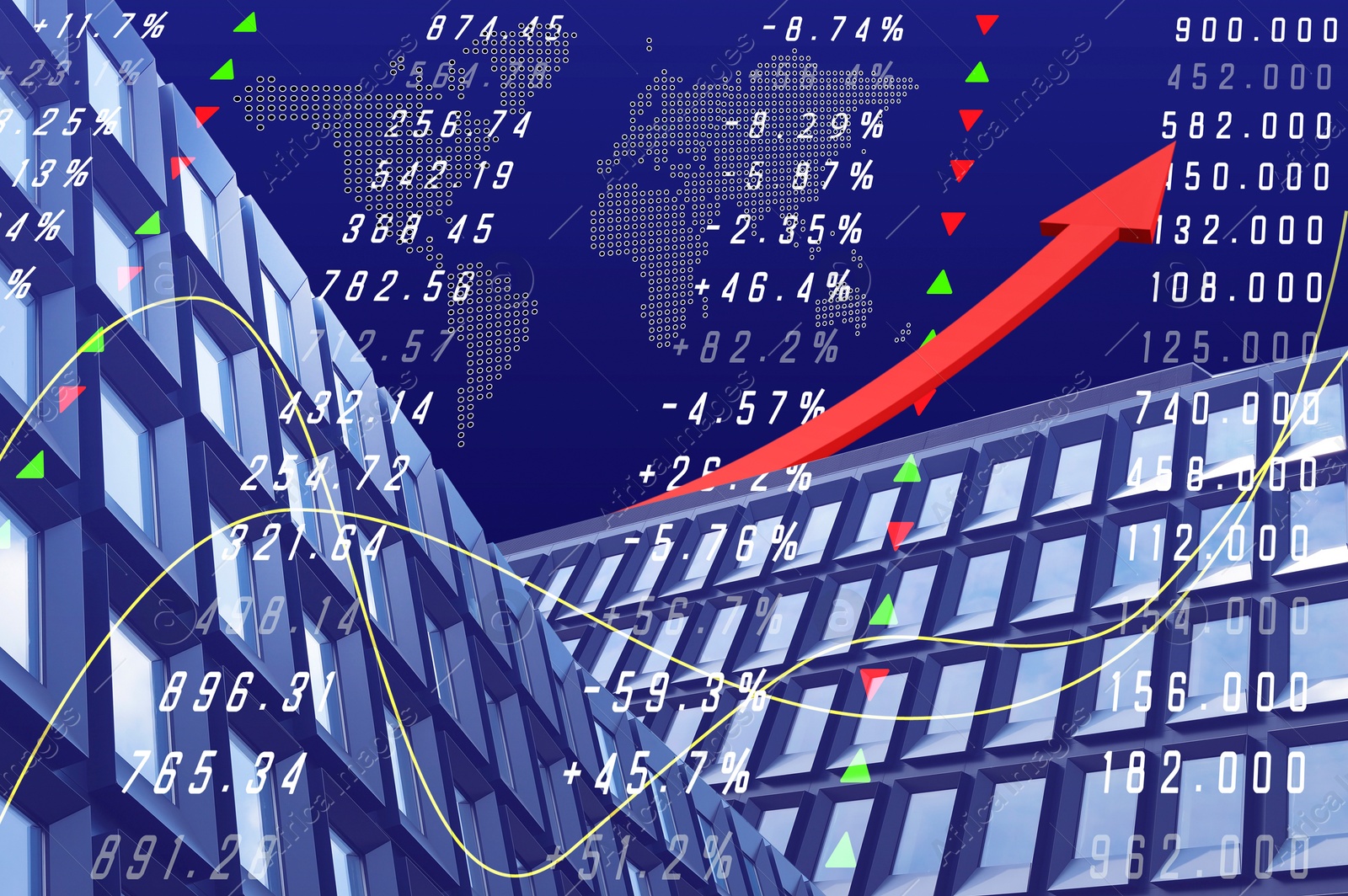 Image of Stock exchange concept. Modern buildings, world map, data and arrow, multiple exposure