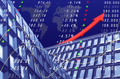 Stock exchange concept. Modern buildings, world map, data and arrow, multiple exposure