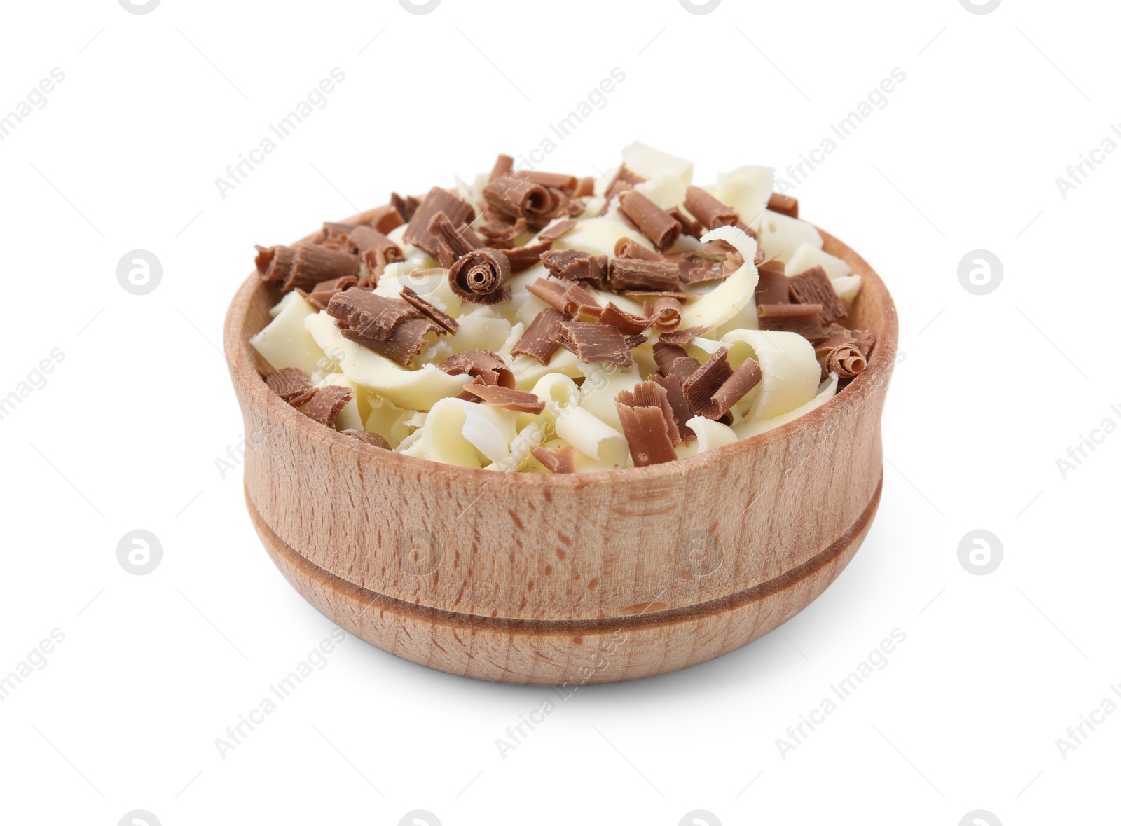 Photo of Bowl of different tasty chocolate shavings isolated on white