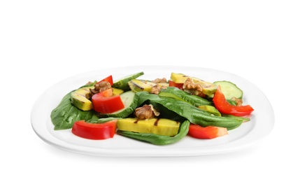 Delicious avocado salad with basil on white background