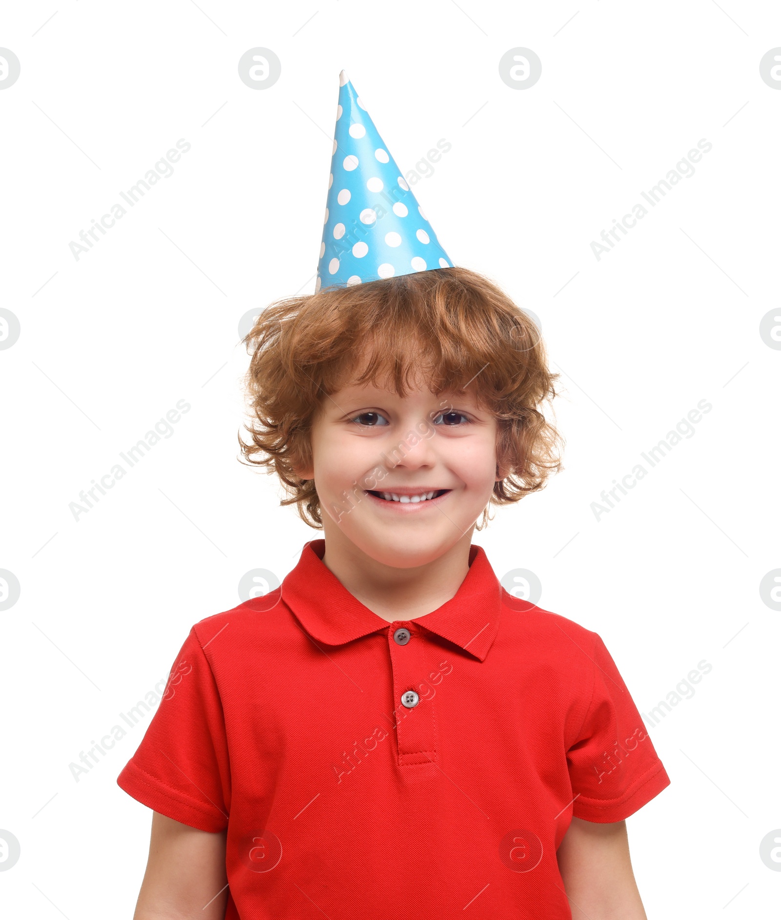 Photo of Happy little boy in party hat on white background