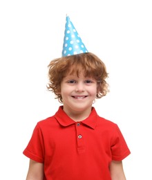 Photo of Happy little boy in party hat on white background