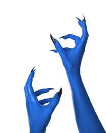 Image of Creepy monster. Blue hands with claws isolated on white