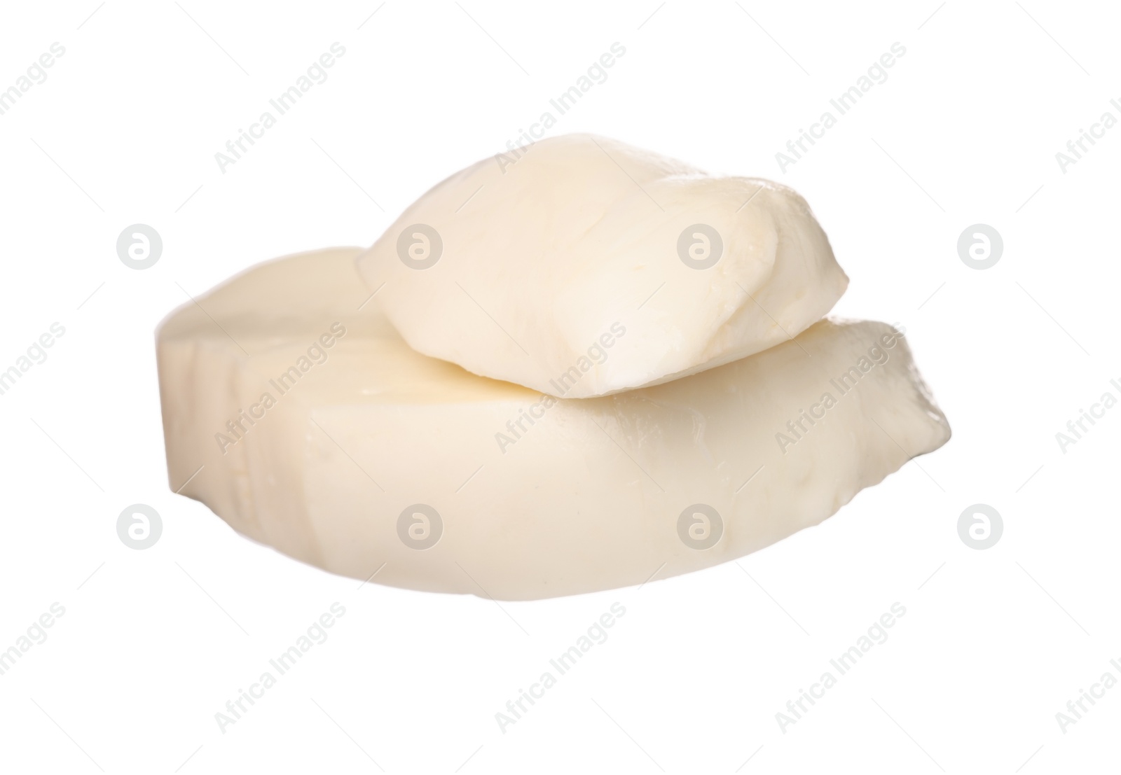 Photo of Slices of mozzarella cheese isolated on white