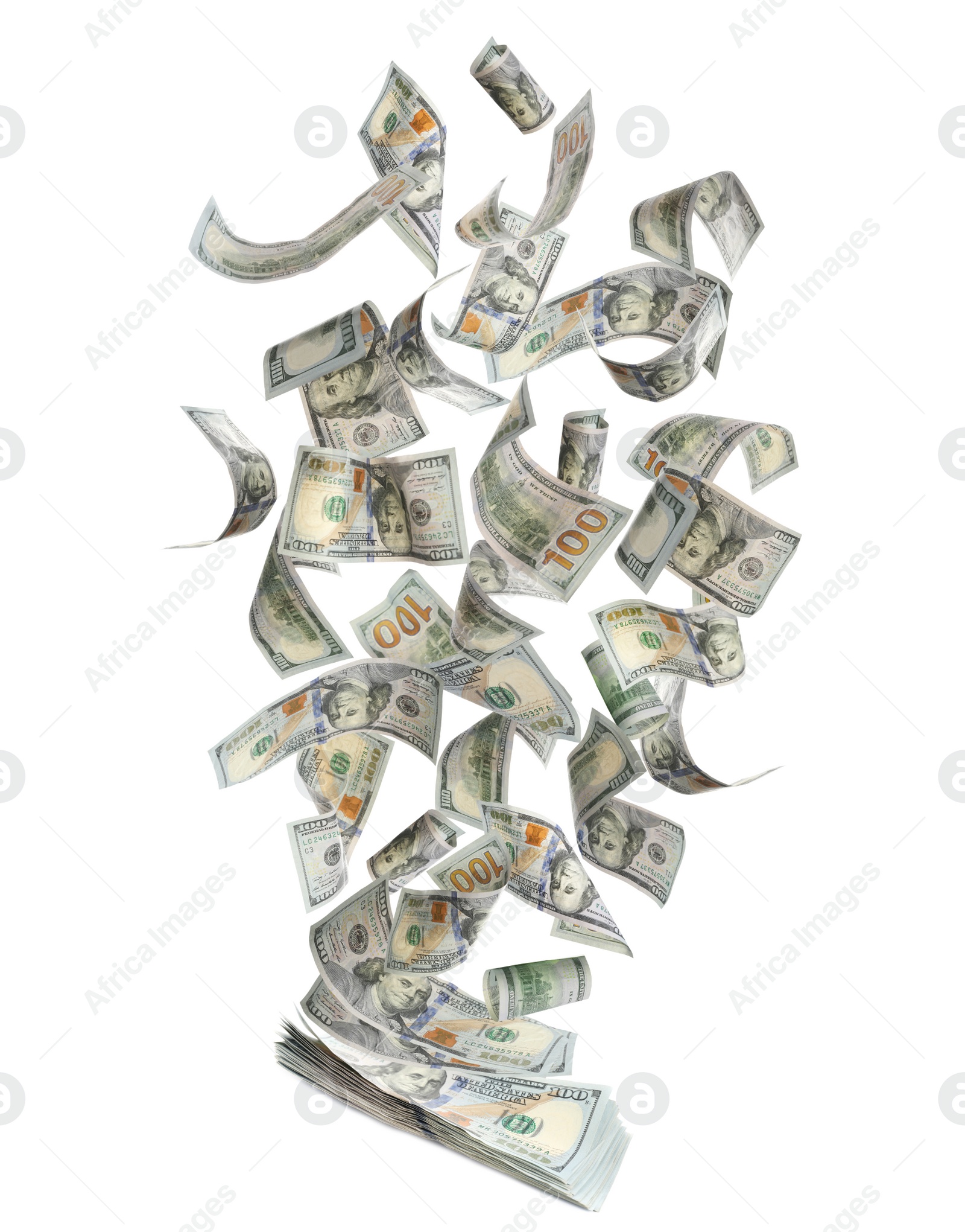 Image of Many American dollars on white background. Flying money