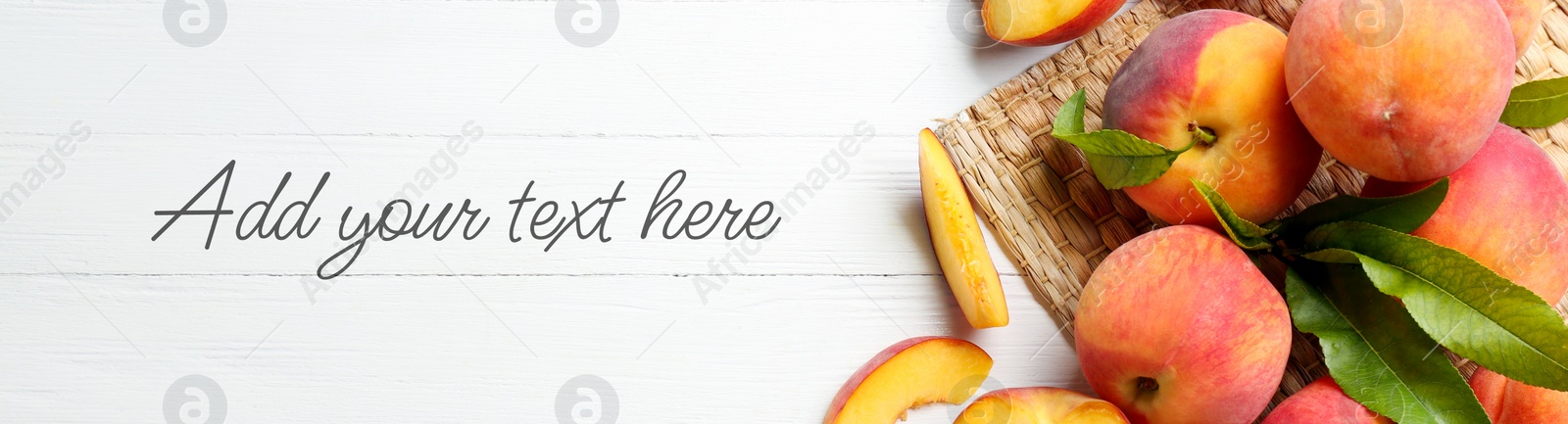 Image of Fresh ripe peaches with green leaves on white wooden table, flat lay. Add your text to this banner design