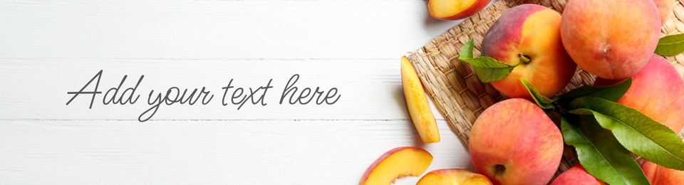 Fresh ripe peaches with green leaves on white wooden table, flat lay. Add your text to this banner design