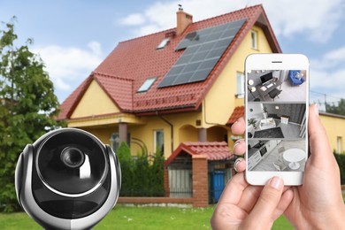 Home security system. Woman monitoring CCTV cameras on smartphone near her house, closeup