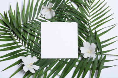 Photo of Flat lay composition with tropical leaves and Hibiscus flowers on white background. Space for text