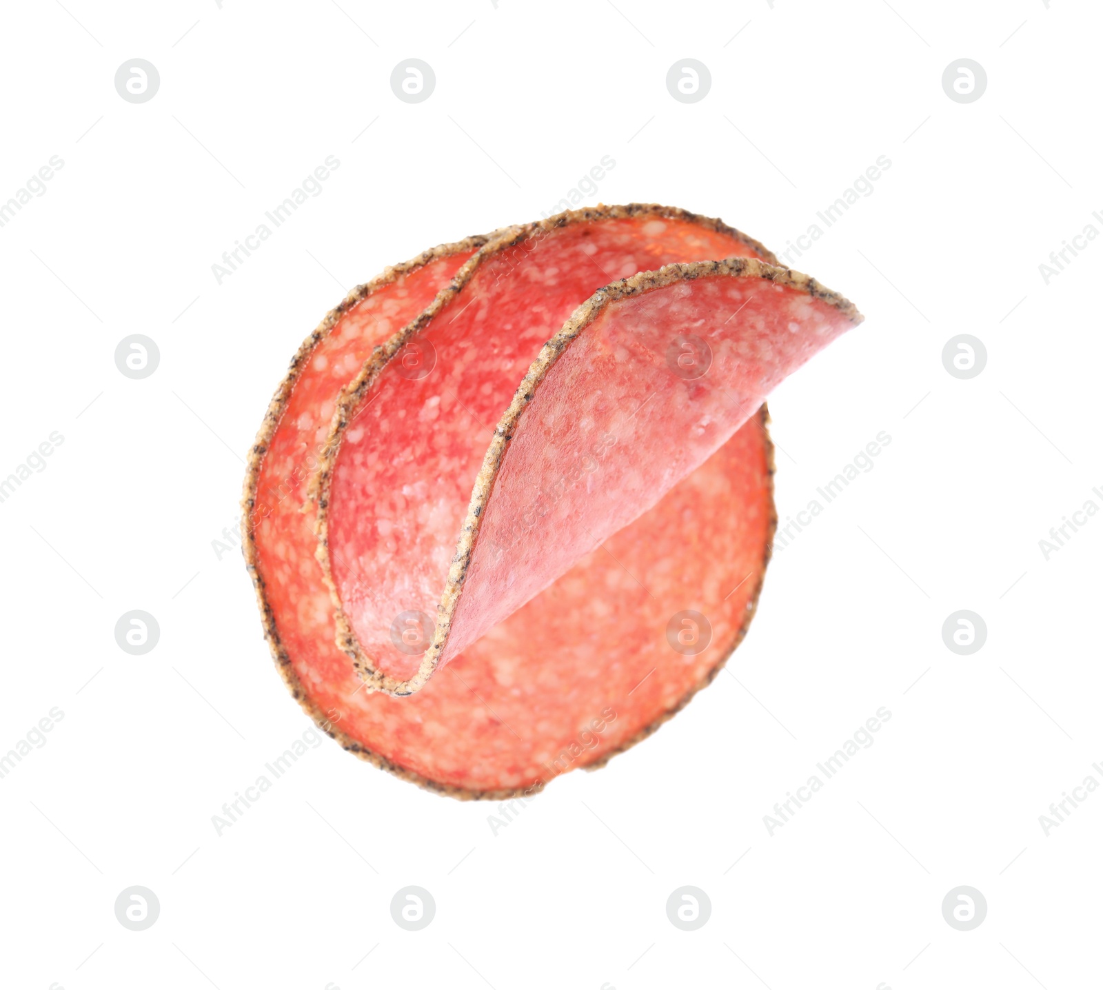 Photo of Slices of delicious smoked sausage isolated on white