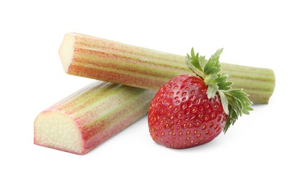 Stalks of fresh rhubarb and strawberry isolated on white