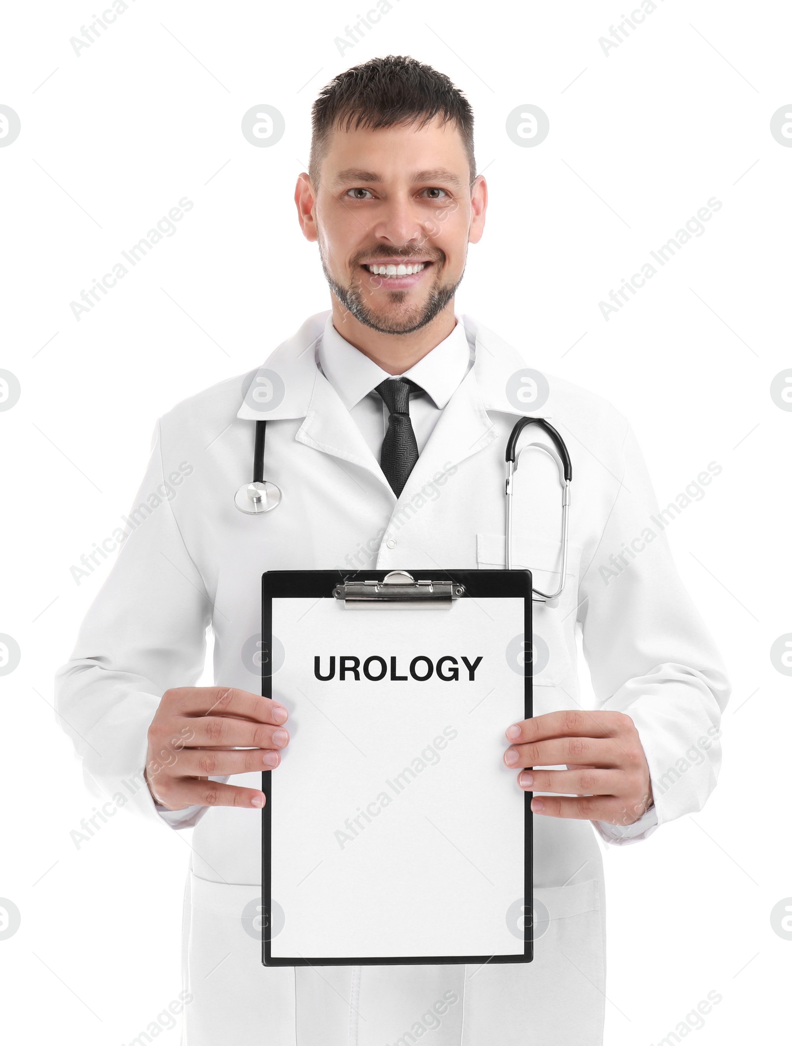 Photo of Male doctor holding clipboard with word UROLOGY on white background