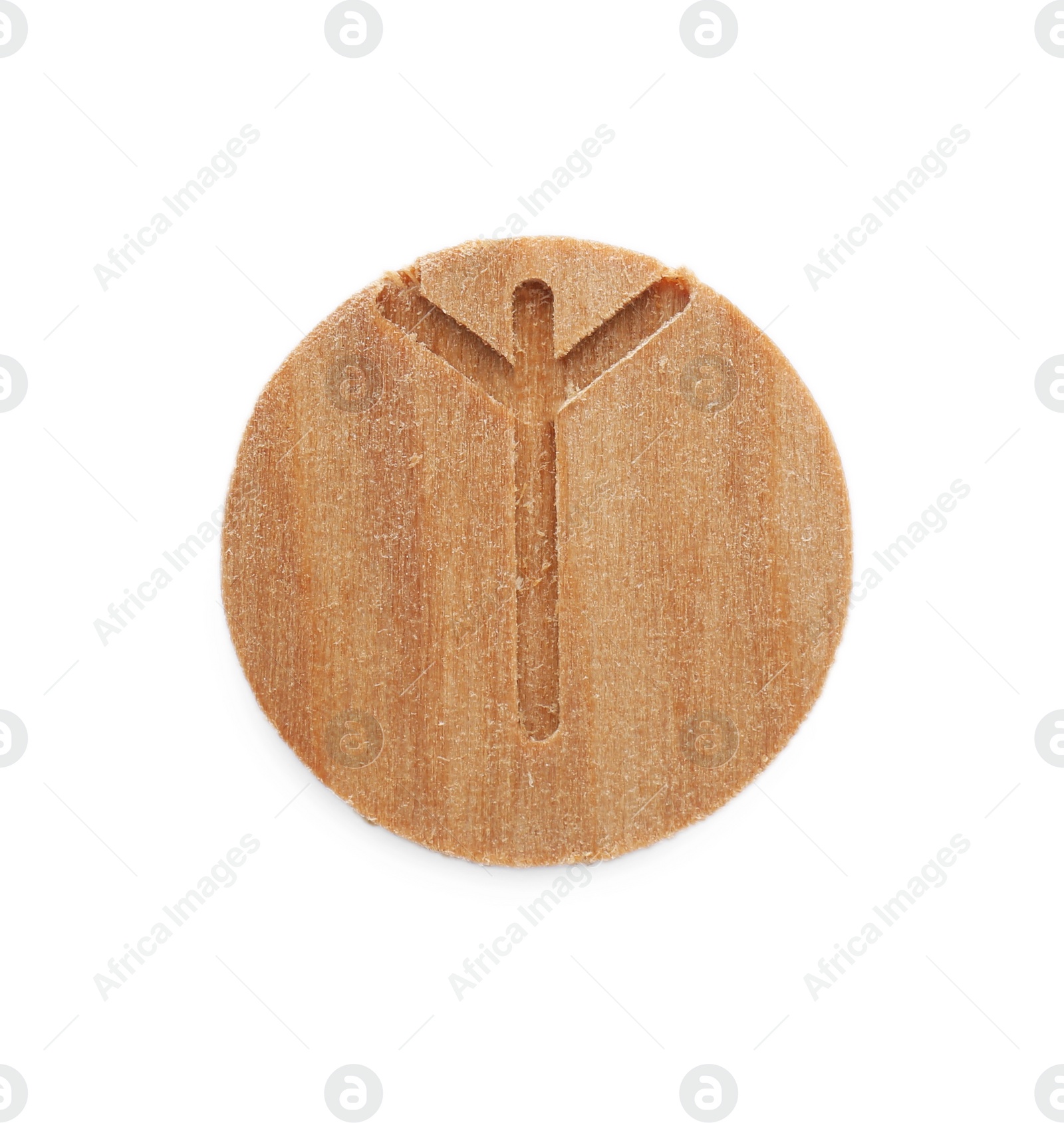 Photo of Wooden rune Algiz isolated on white, top view