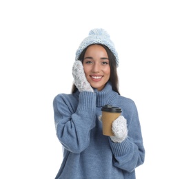 Happy beautiful woman with paper cup of mulled wine on white background