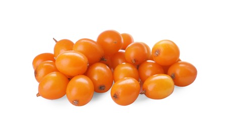 Photo of Fresh ripe sea buckthorn berries on white background