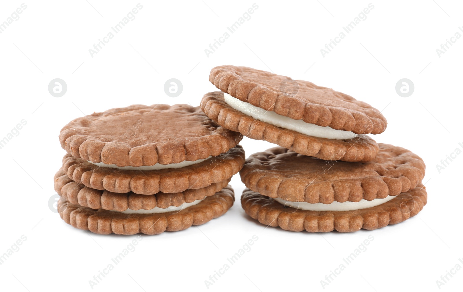 Photo of Tasty chocolate sandwich cookies with cream on white background