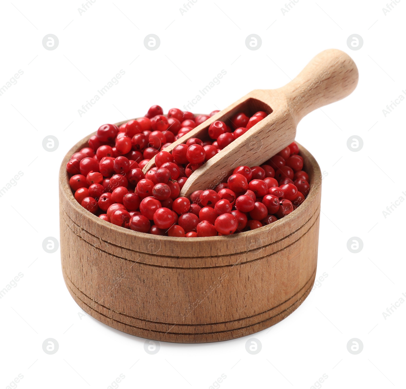 Photo of Aromatic spice. Red pepper in bowl and scoop isolated on white